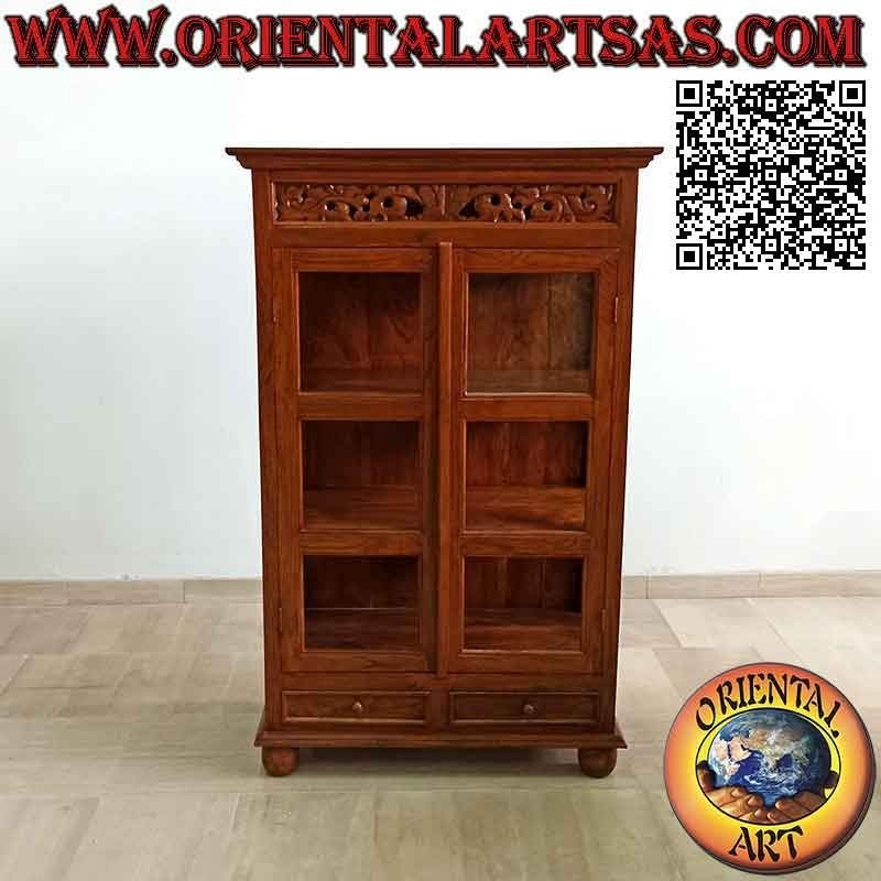 Linear display cabinet with perforated floral decoration, with two doors and two drawers in antique teak wood