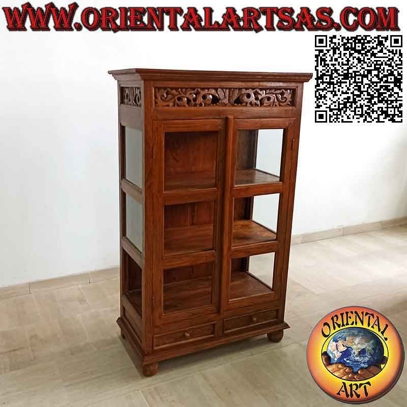 Linear display cabinet with perforated floral decoration, with two doors and two drawers in antique teak wood