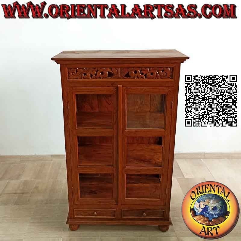 Linear display cabinet with perforated floral decoration, with two doors and two drawers in antique teak wood