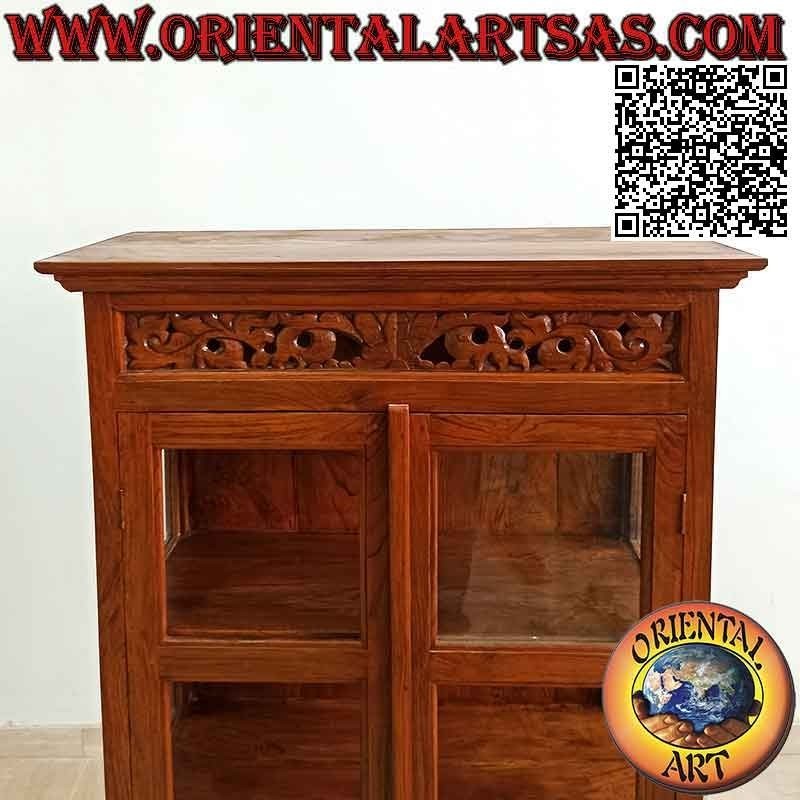 Linear display cabinet with perforated floral decoration, with two doors and two drawers in antique teak wood