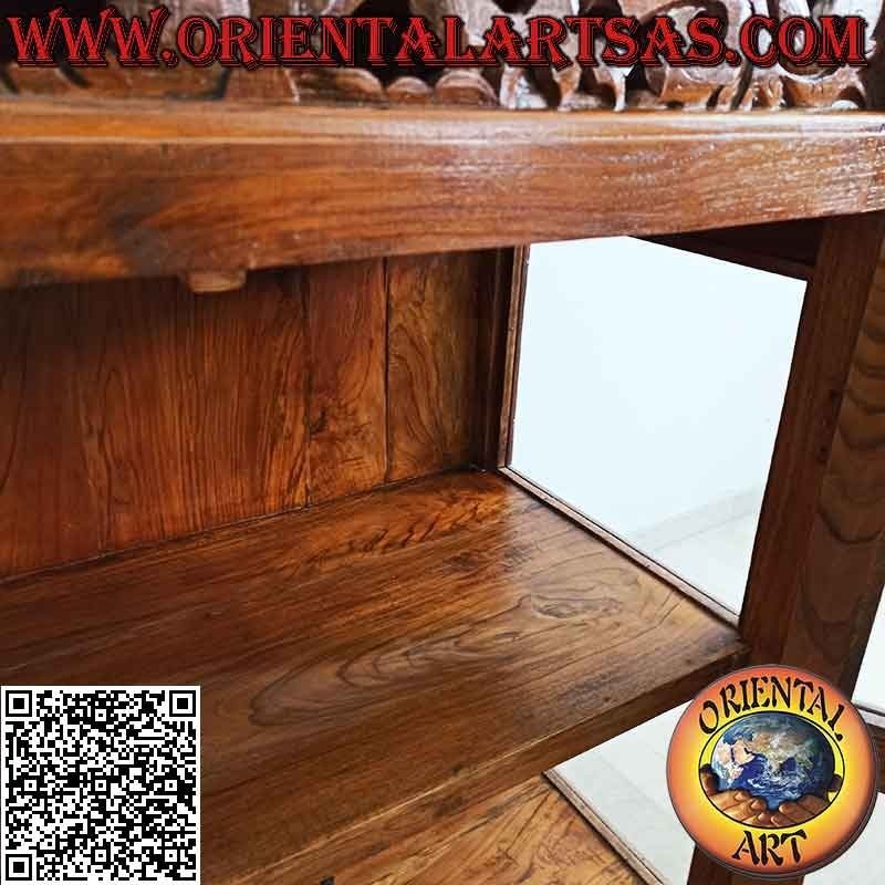 Vetrina lineare con decoro floreale traforato, a due ante e due cassetti in legno antico di teak