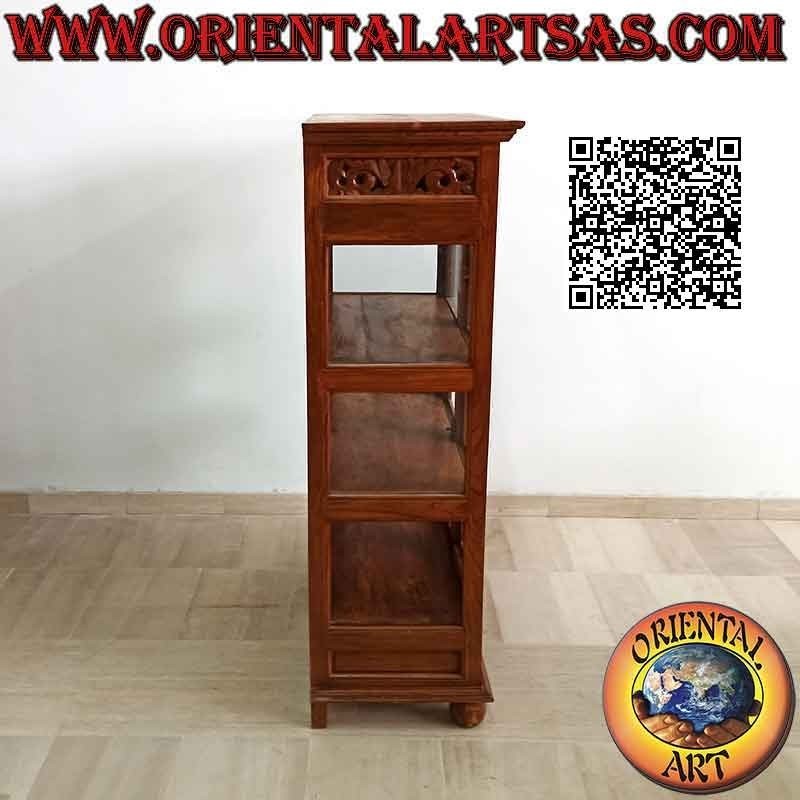 Linear display cabinet with perforated floral decoration, with two doors and two drawers in antique teak wood