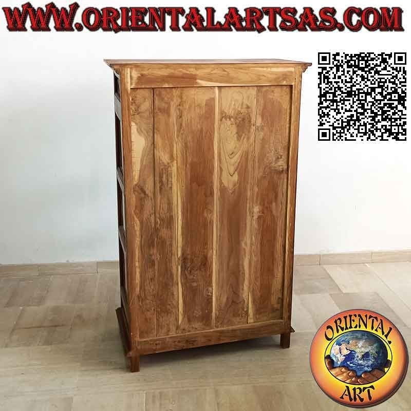 Linear display cabinet with perforated floral decoration, with two doors and two drawers in antique teak wood