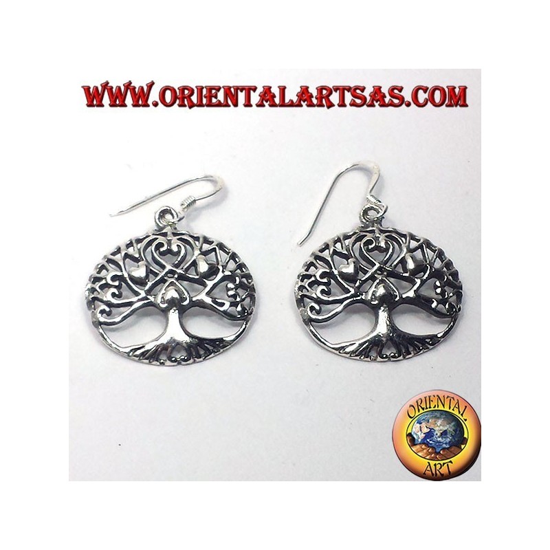 Boucles d'oreilles en argent, Arbre de la vie avec des coeurs