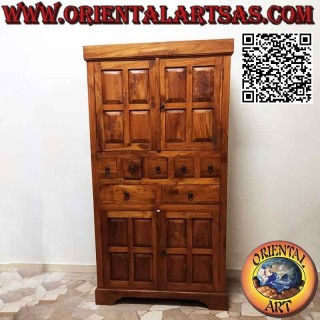 Linear karierter Kleiderschrank mit 4 Türen und 7 Schubladen (5 + 2) aus Teakholz