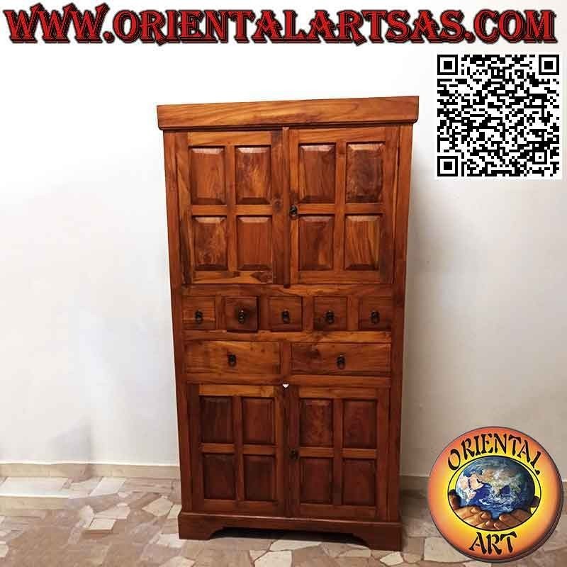 Armario lineal a cuadros de 4 puertas y 7 cajones (5+2) en madera de teca