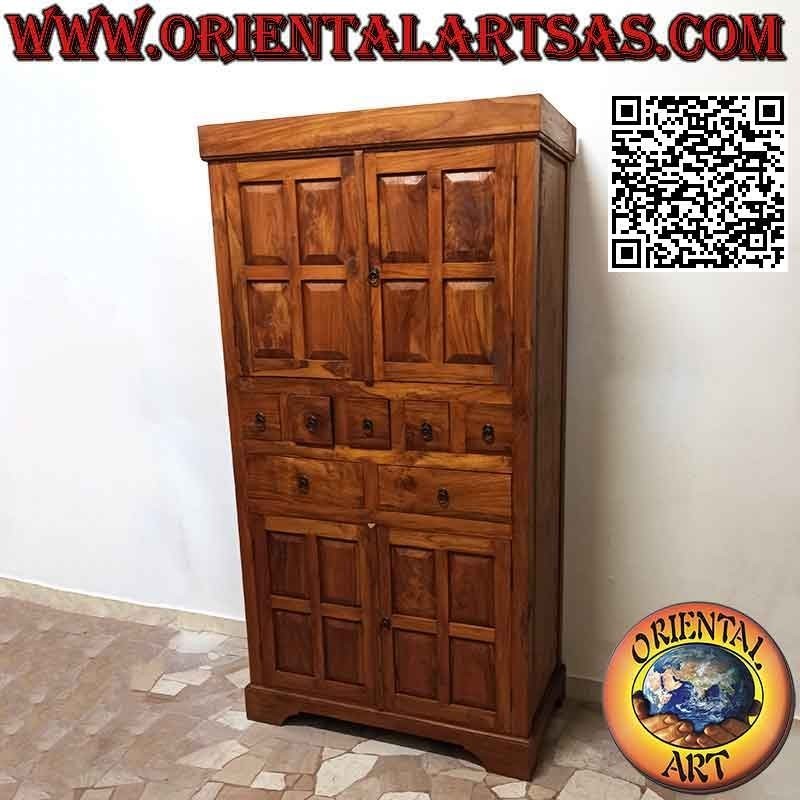 Linear karierter Kleiderschrank mit 4 Türen und 7 Schubladen (5 + 2) aus Teakholz