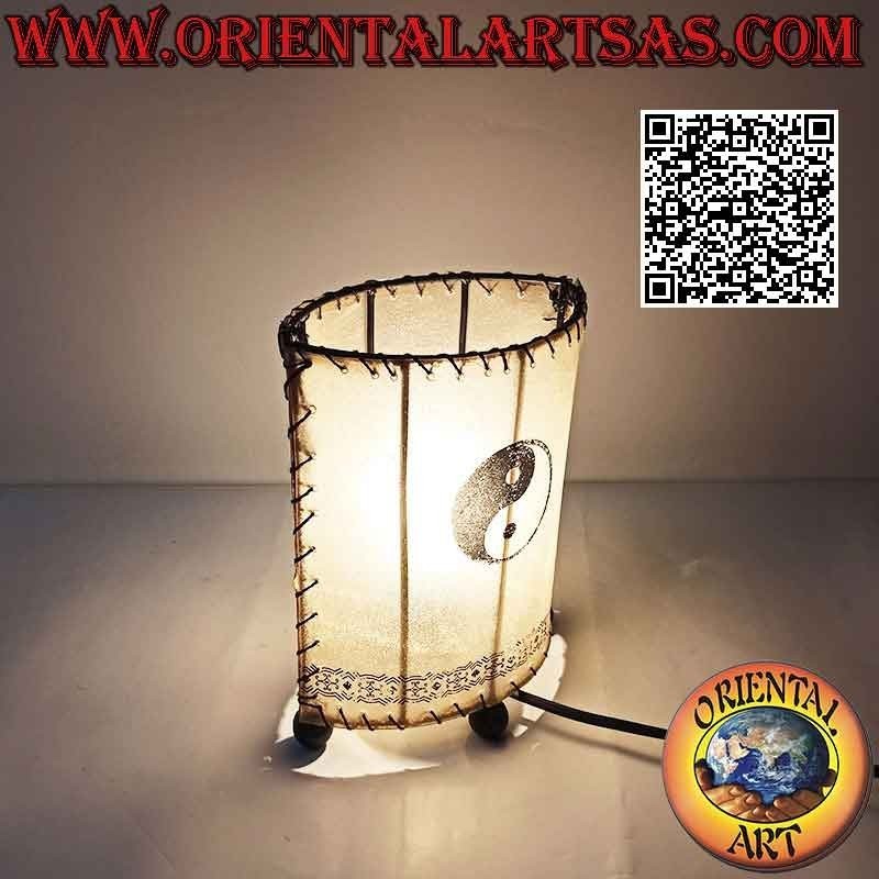 Ethnic table lamp, "linear cylinder" with elliptical base with painted yin yang, in animal skin 20 cm