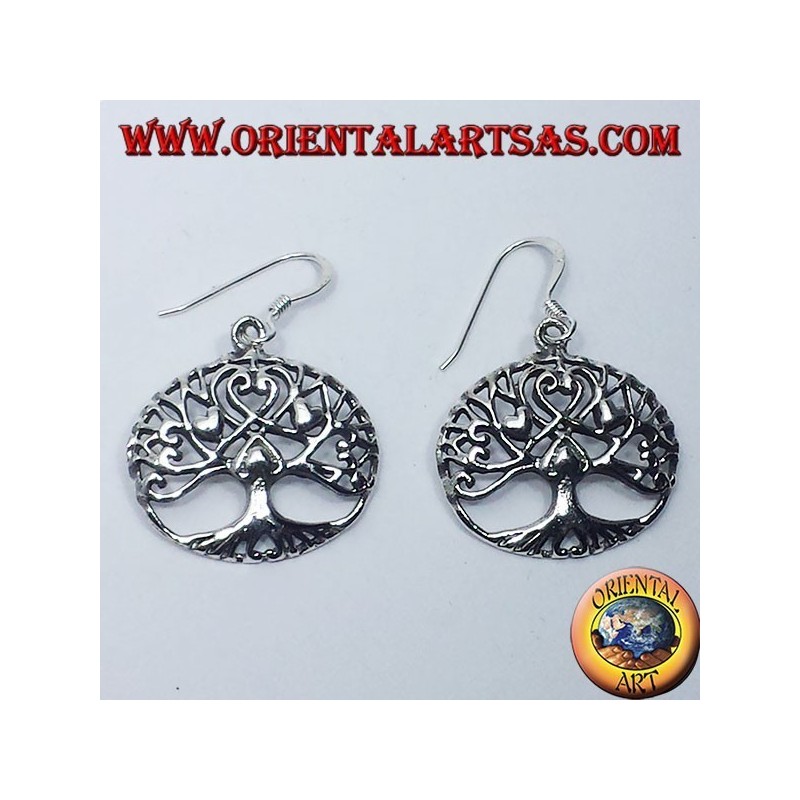 Boucles d'oreilles en argent, Arbre de la vie avec des coeurs