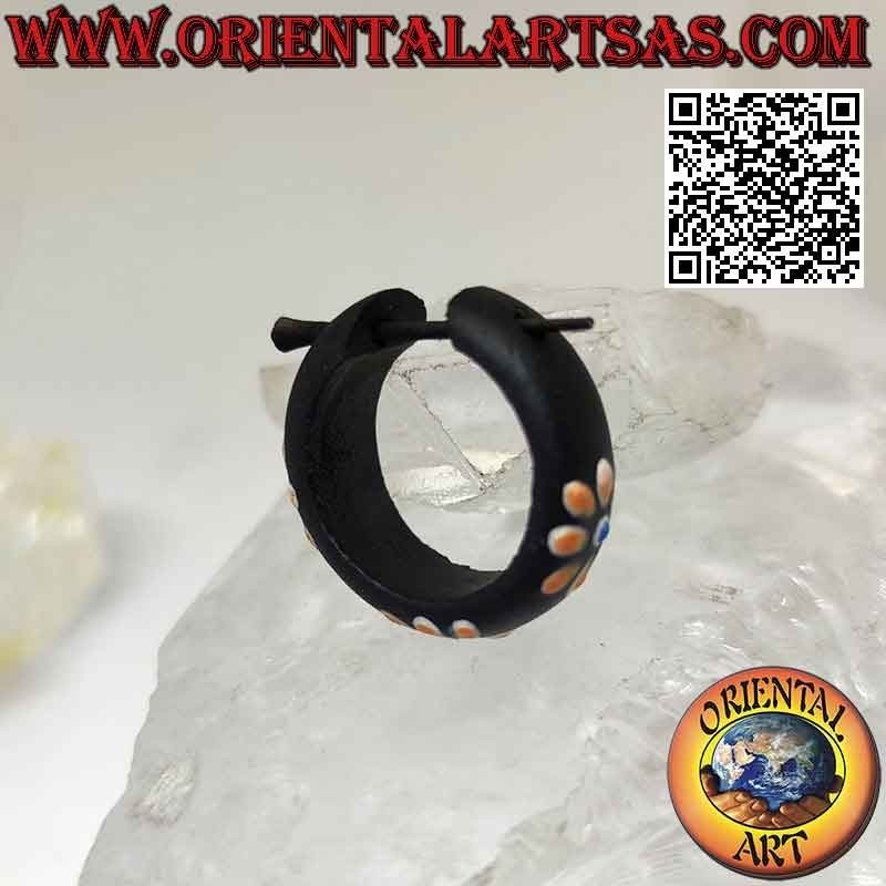 Dark wood hoop earrings with 22mm painted flowers, orange