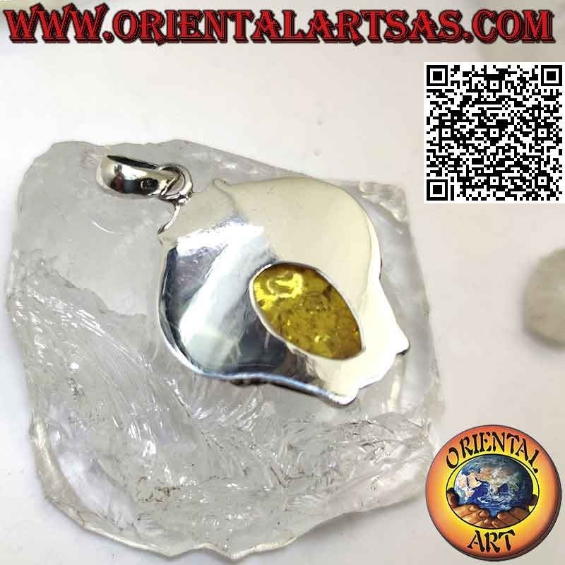 Anhänger aus 925 ‰ Silber mit großem Shuttle-Bernstein-Cabochon mit Blattkrone und zentraler Blume