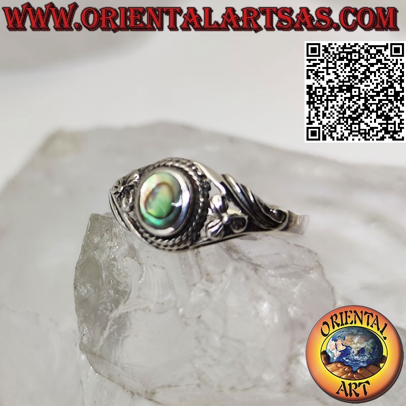 Silver ring with abalone paua shell and decorated with a lilac flower on both sides