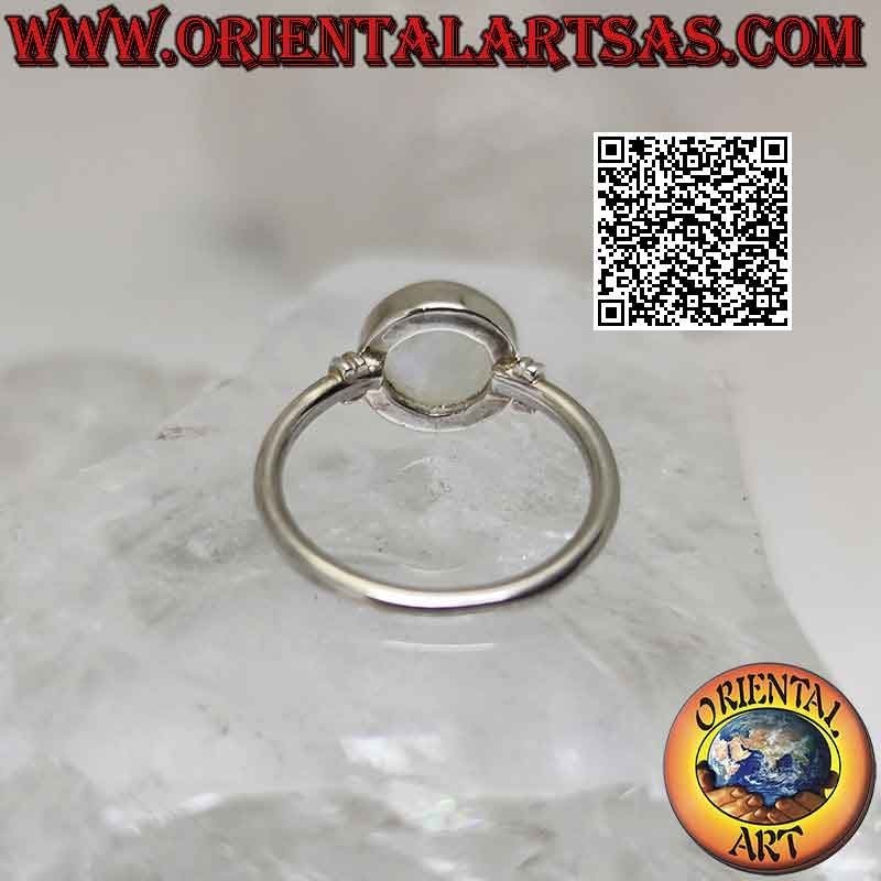 Silver ring with round cabochon rainbow moonstone on smooth setting and double line on the sides