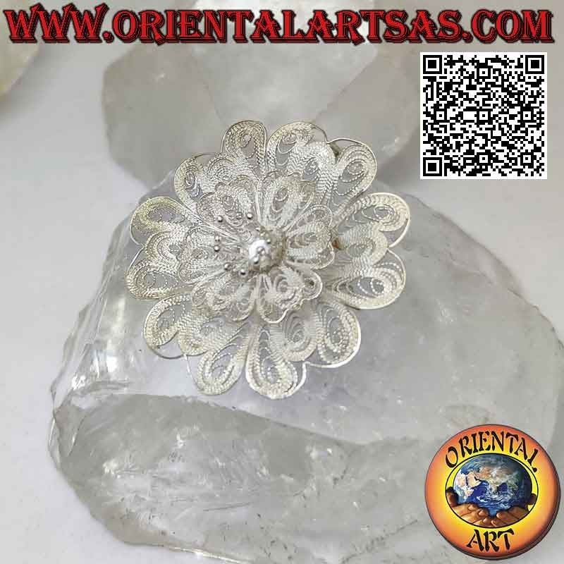 Broschenanhänger aus 925 ‰ Silber filigran in Form einer großen Blume mit hervorstehenden Stempeln, handgefertigt