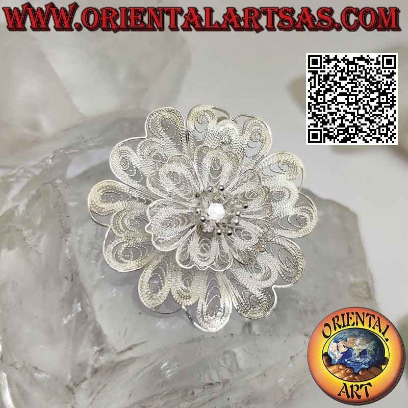 Brooch pendant in 925 ‰ silver filigree in the shape of a large flower with protruding pistils, handmade