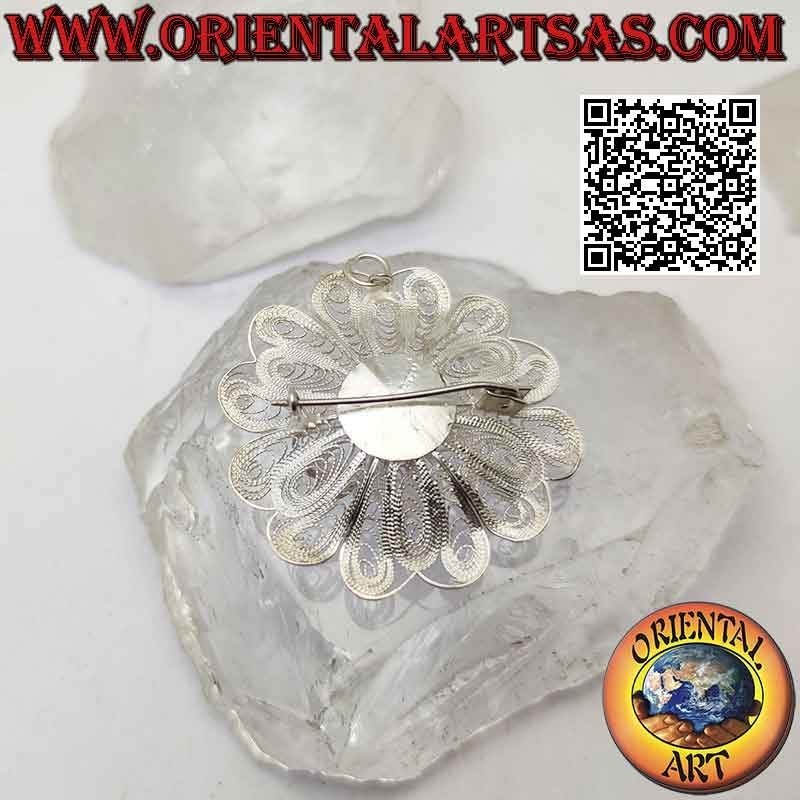 Broche pendentif en filigrane d'argent 925‰ en forme de grande fleur aux pistils saillants, fait main