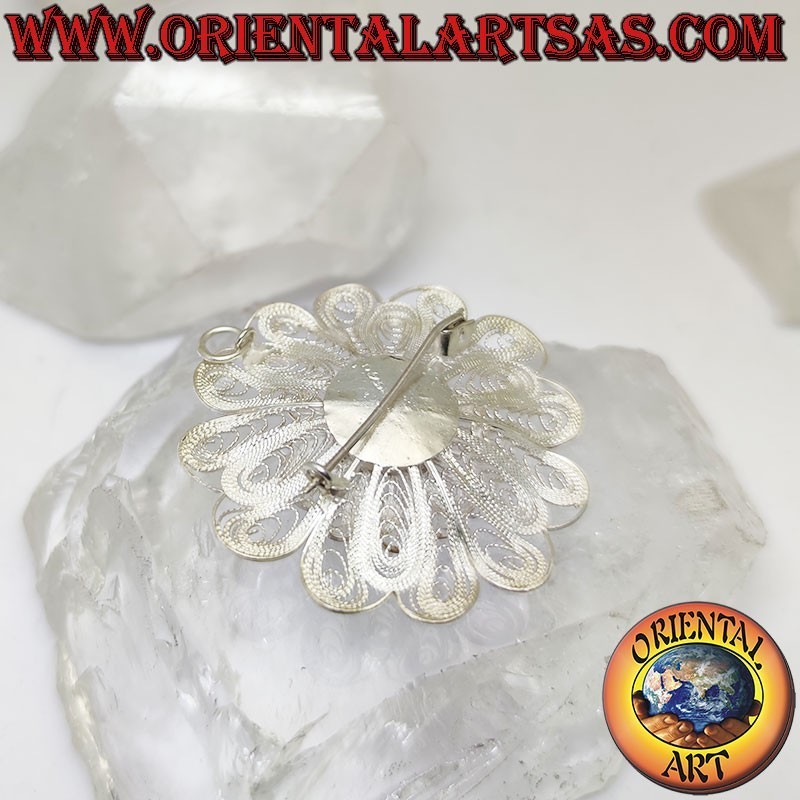 Brooch pendant in 925 ‰ silver filigree in the shape of a large flower with protruding pistils, handmade
