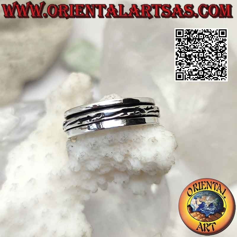 Bague en argent tournante anti-stress, série de crocodiles / lézards en bas-relief