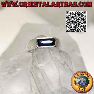 Silver ring with baguette-cut horizontal rectangular synthetic sapphire on smooth setting