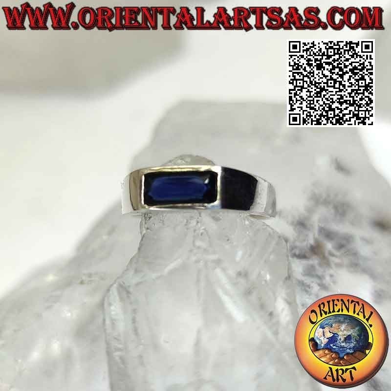 Silver ring with baguette-cut horizontal rectangular synthetic sapphire on smooth setting