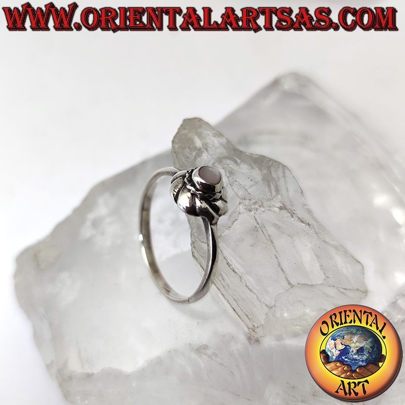 Silver ring with small round mother of pearl in the center of a vortex