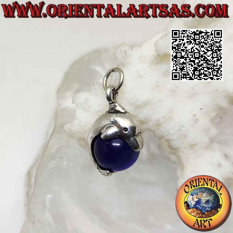 Dolphin pendant in silver wrapping a rotating blue cat's eye sphere