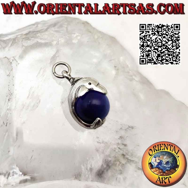 Pendentif dauphin en argent enveloppant une sphère oeil de chat bleue tournante