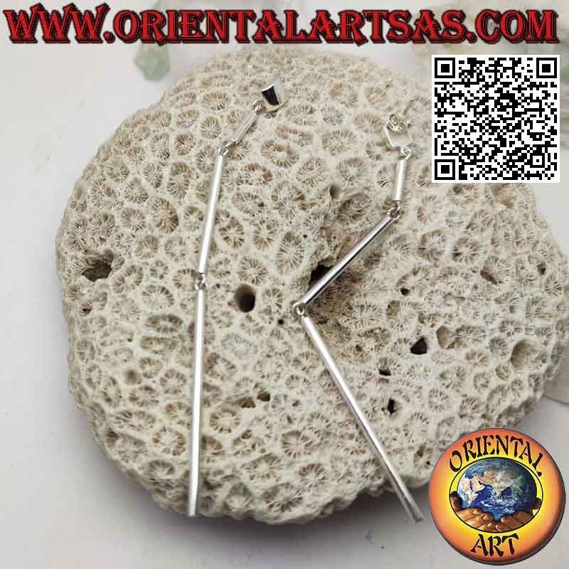 Silver lobe earrings, growing trio of round section tubes