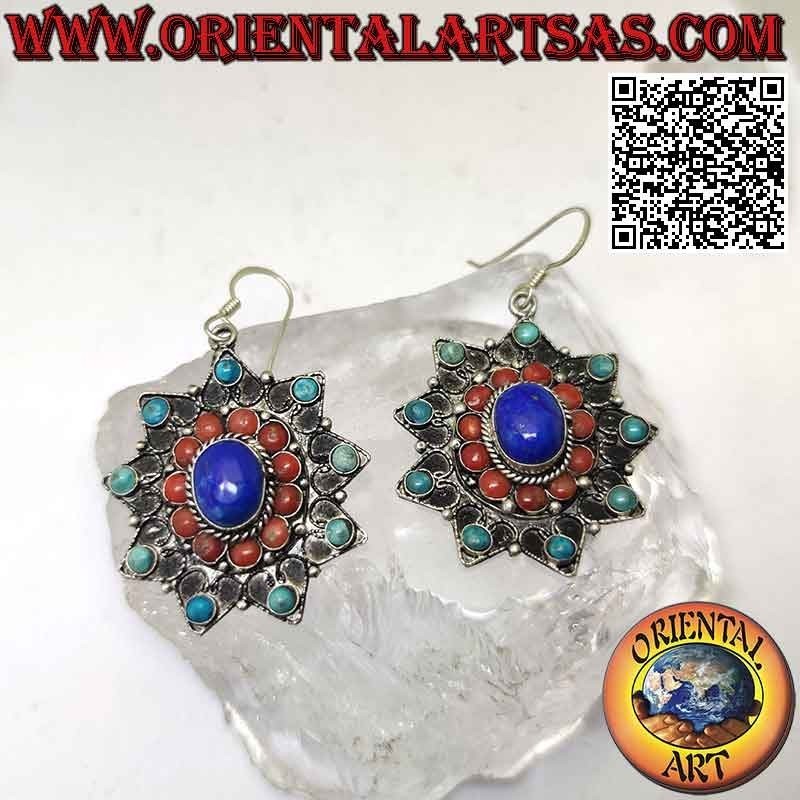 Pendientes estrella de ocho puntas con turquesa tibetana, coral y lapislázuli y decoración de filigrana