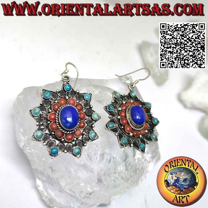Pendientes estrella de ocho puntas con turquesa tibetana, coral y lapislázuli y decoración de filigrana
