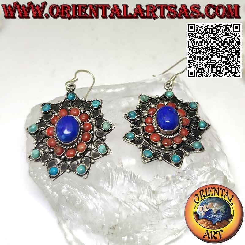 Earrings, eight-pointed star with Tibetan turquoise, coral and lapis lazuli and filigree decoration