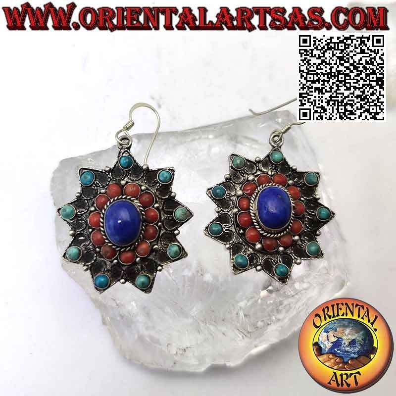 Earrings, eight-pointed star with Tibetan turquoise, coral and lapis lazuli and filigree decoration