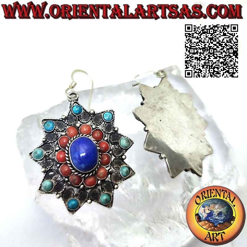 Pendientes estrella de ocho puntas con turquesa tibetana, coral y lapislázuli y decoración de filigrana