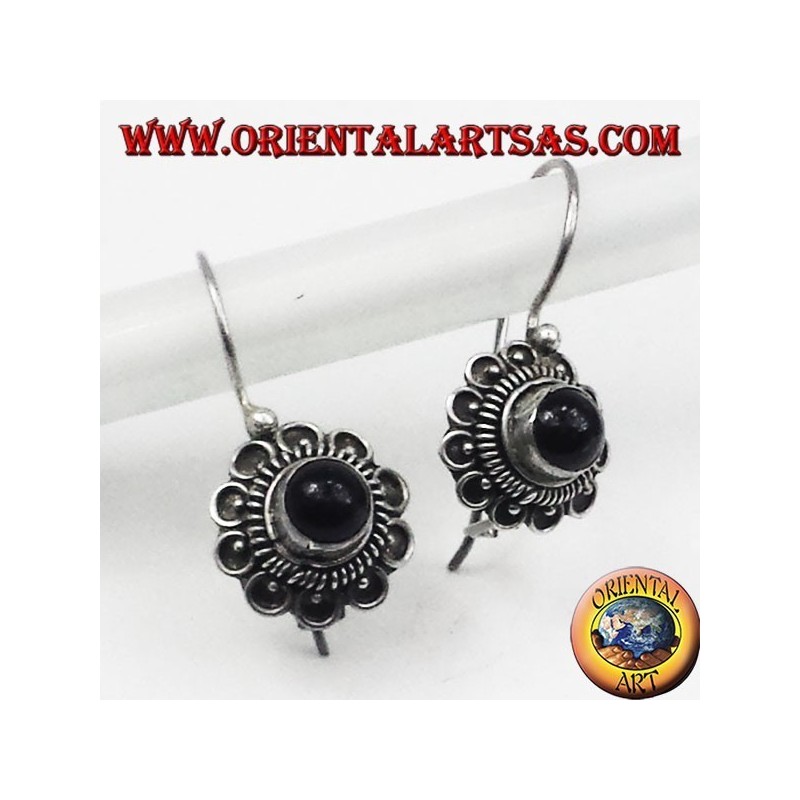 silver earrings, flower with green agate