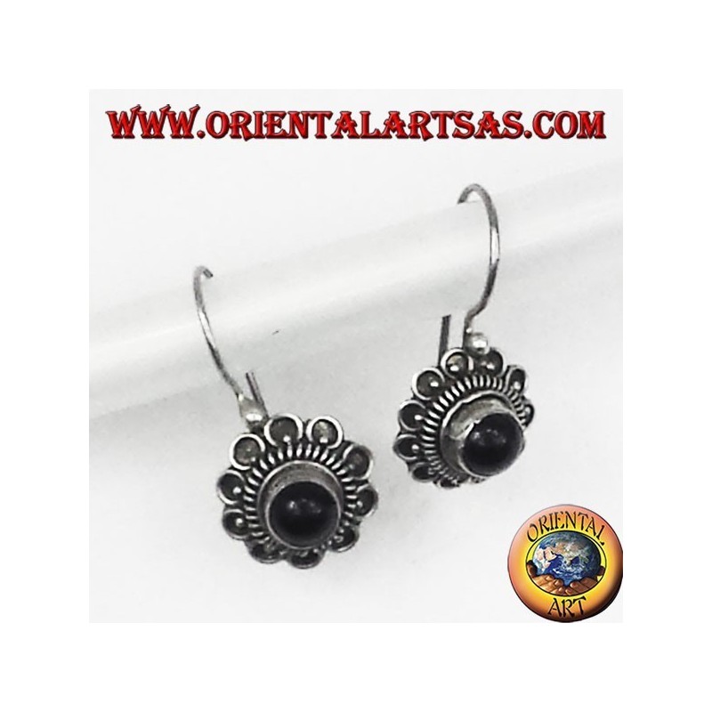 silver earrings, flower with green agate