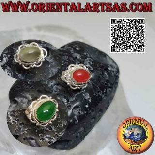 Mini earring in silver, oval cabochon stone surrounded by interlacing and arches