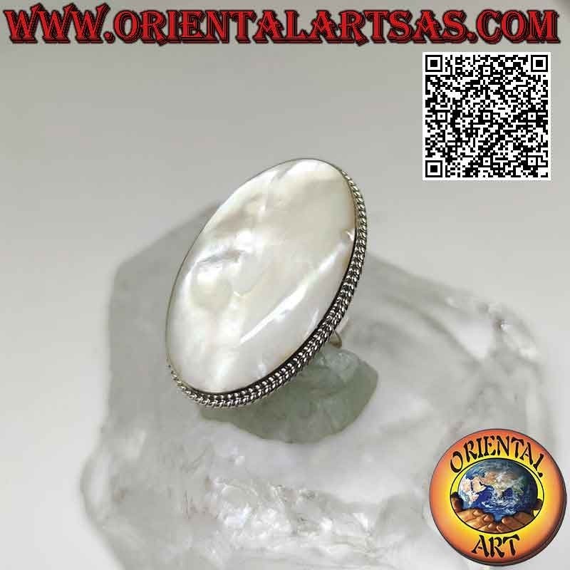 Silver ring with large oval mother-of-pearl surrounded by dense weaving (adjustable)