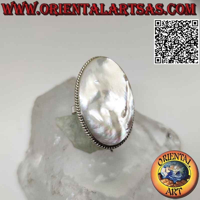 Silver ring with large oval mother-of-pearl surrounded by dense weaving (adjustable)