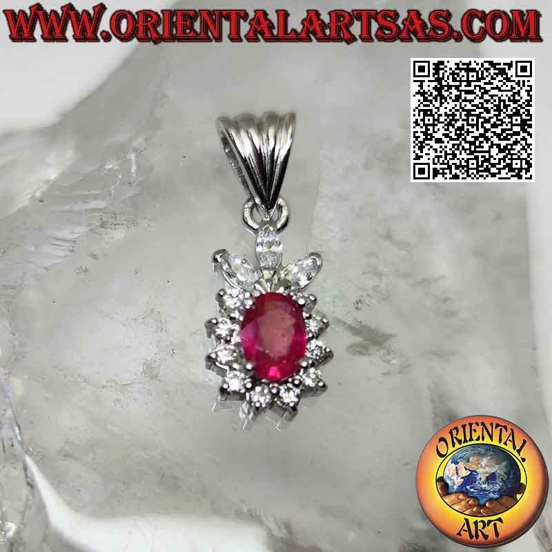 Ciondolo in argento con rubino di sintesi ovale incastonato contornato da zirconi e corona di zirconi a baguette
