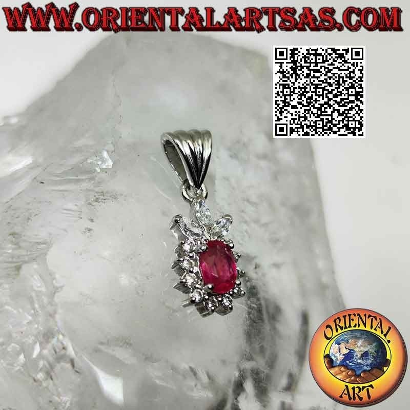 Silver pendant with oval synthetic ruby set surrounded by zircons and baguette zircon crown