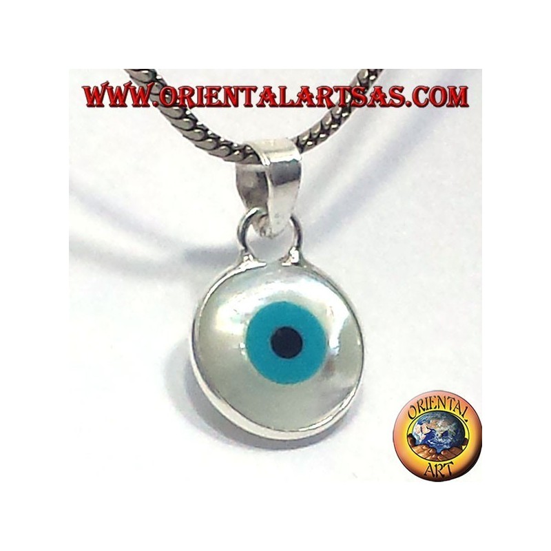 pendentif en argent, oeil grec dégrossi avec de la nacre