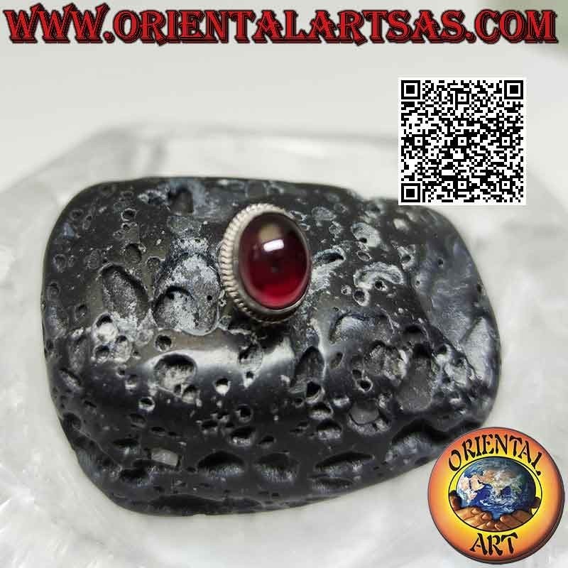 Mini earring in silver, large natural oval garnet cabochon with dotted frame