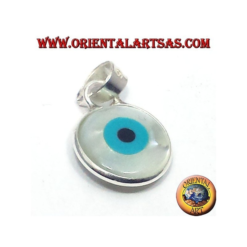silver pendant, greek eye sided up with mother of pearl