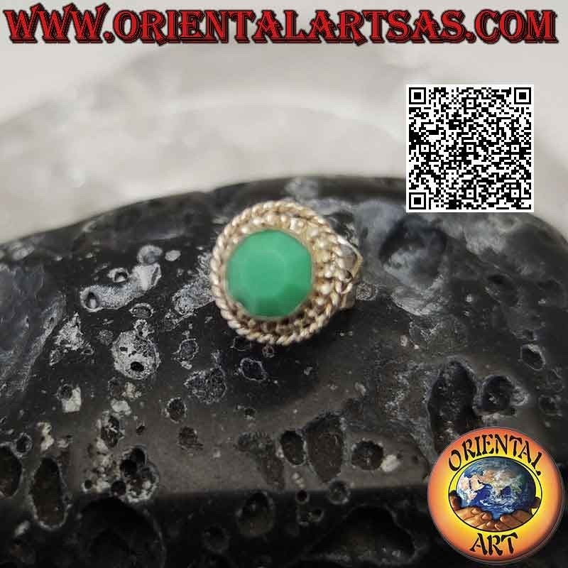 Mini earring in silver, faceted round turquoise paste surrounded by two rows of balls