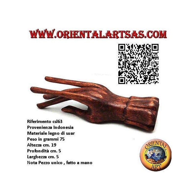Expositor de escultura para joyería "mano de pie" en madera de suar 19 cm