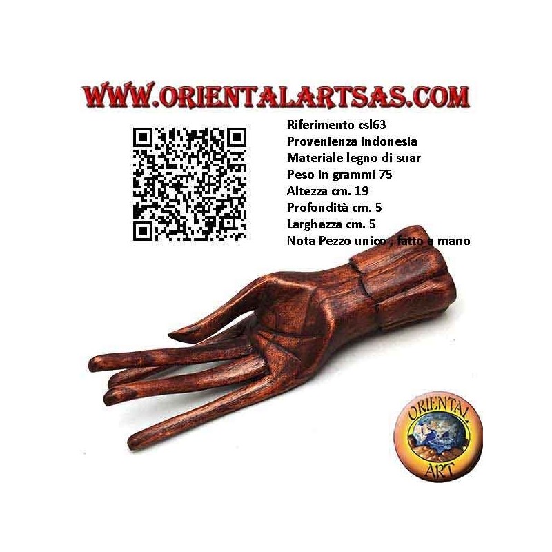Sculpture exhibitor for jewelry "standing hand" in suar wood 19 cm