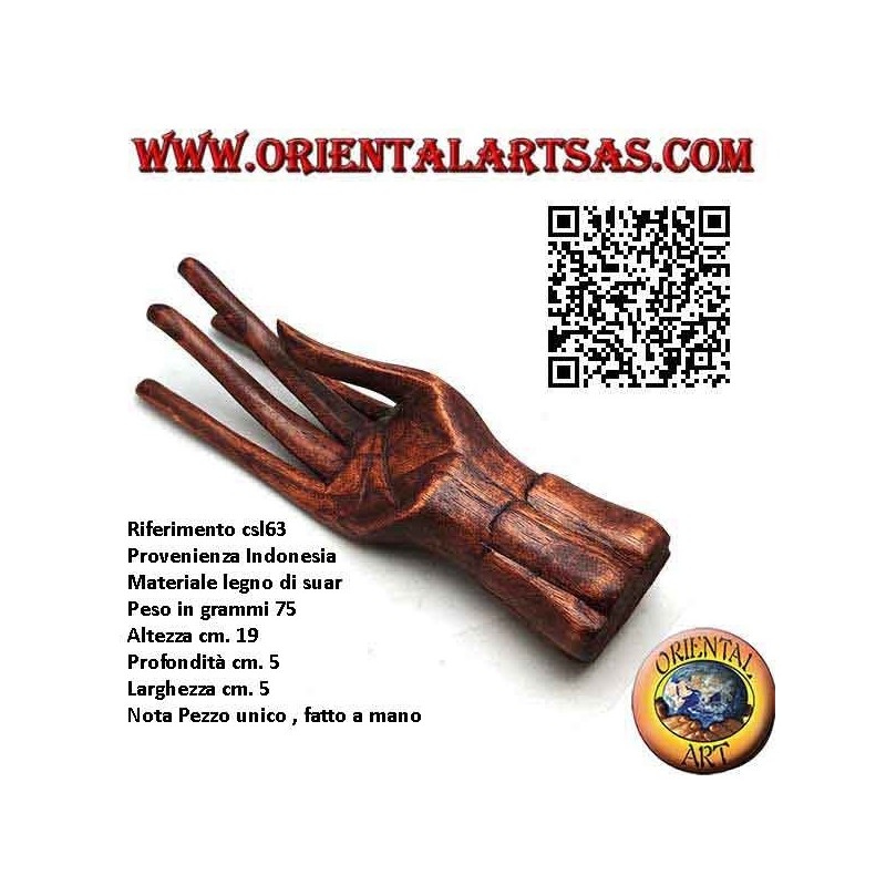 Expositor de escultura para joyería "mano de pie" en madera de suar 19 cm