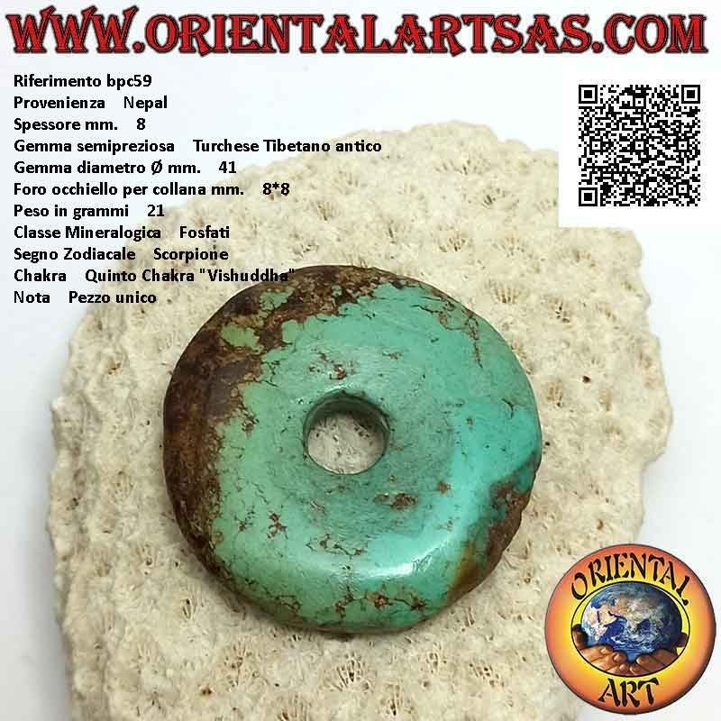 Antique Tibetan Turquoise Disc / Donut Pendant 41mm. Ø (cord included)