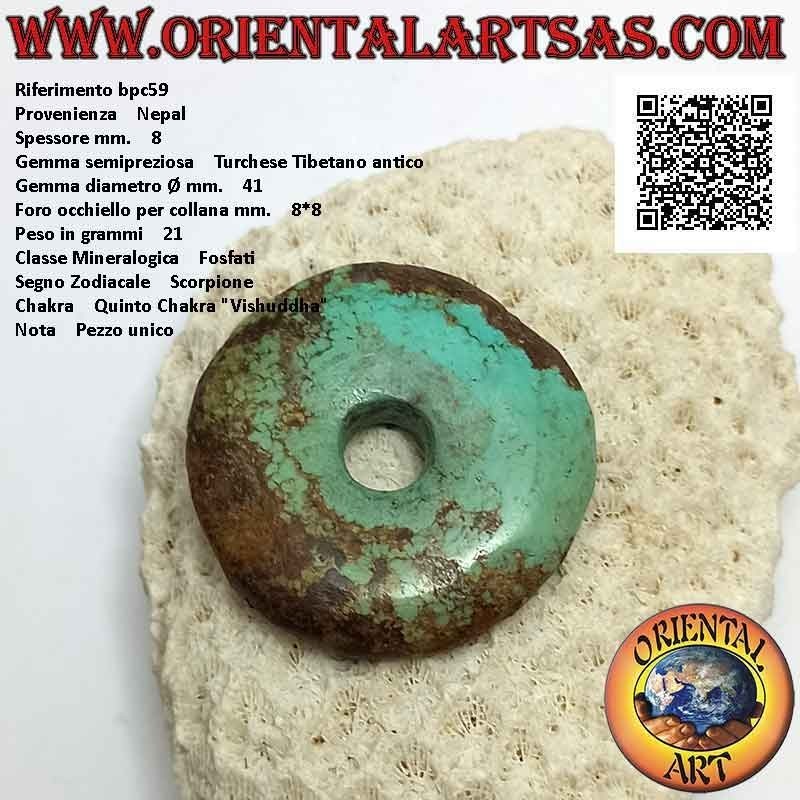 Antiker tibetanischer Türkis-Scheibe / Donut-Anhänger 41 mm. Ø (Kabel im Lieferumfang enthalten)