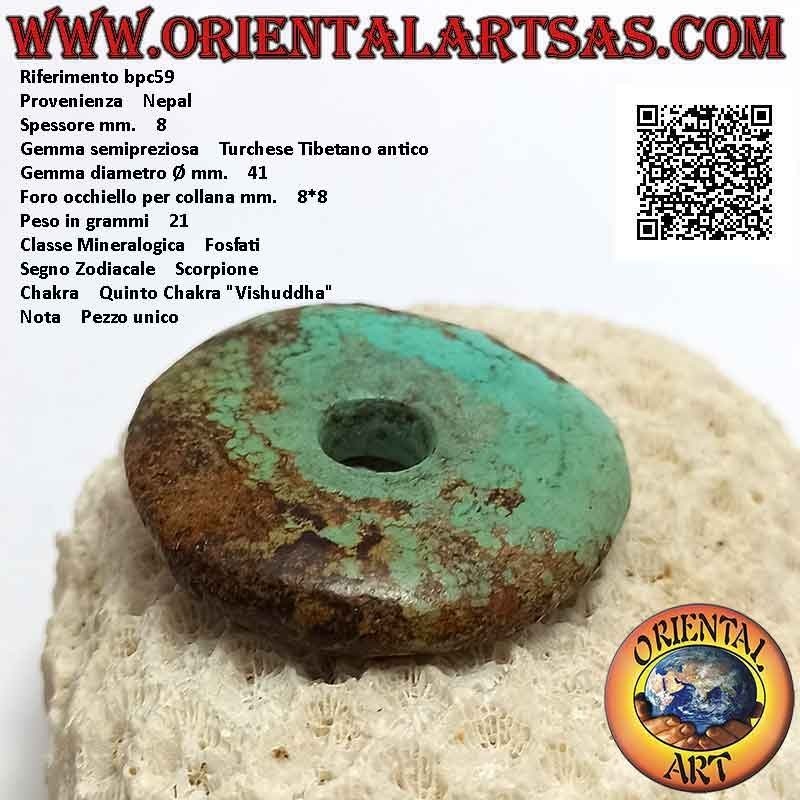 Antique Tibetan Turquoise Disc / Donut Pendant 41mm. Ø (cord included)